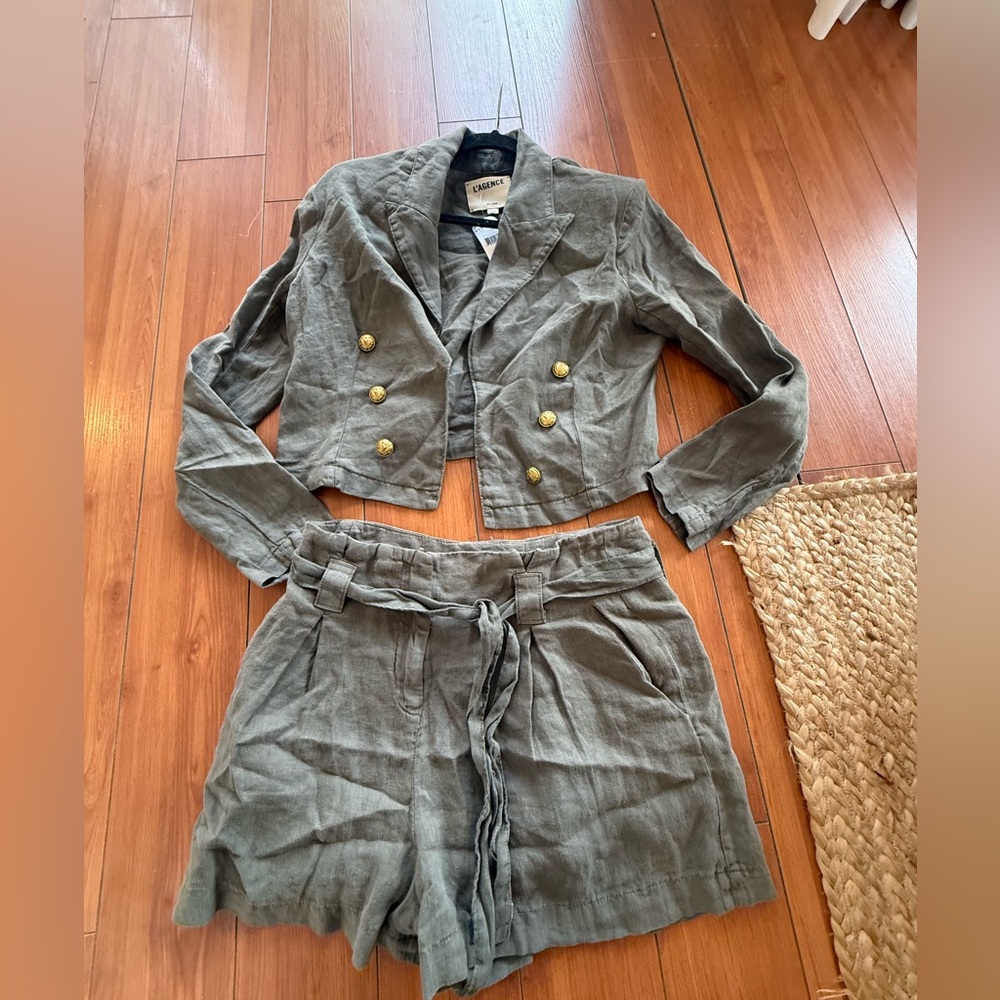 Chic Olive Green Cropped Blazer and short  Set